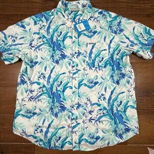 NWT Columbia Button Down Shirt Mens XXL Blue White Tropical Floral Short Sleeve
